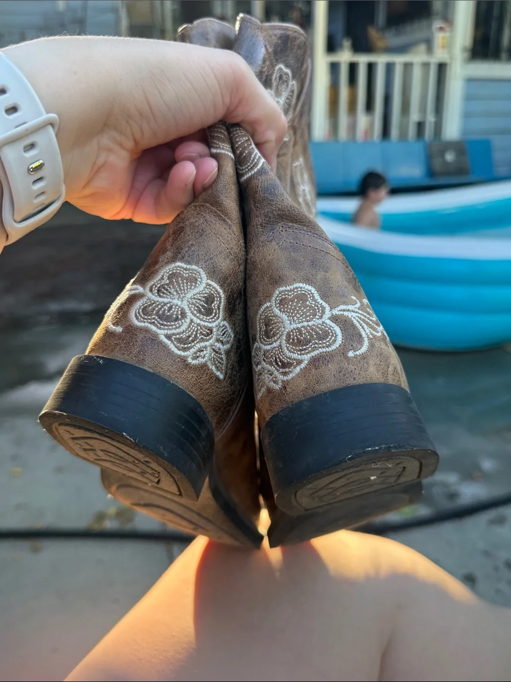 Shyanne Brown Kids Cowboy Boots with White Floral Stitching